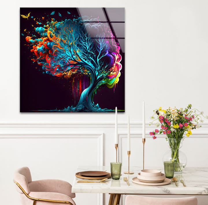 Farbenfrohe Fantasy-Baum-Wandkunst – Lebendiges abstraktes Glasdruck-Design