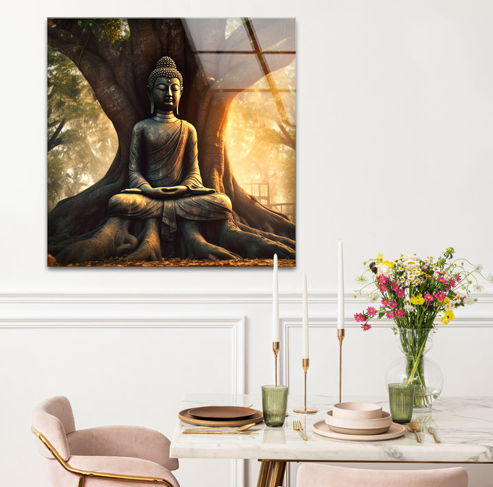 Buddha Under Tree Wall Art – Tranquil Sunrise Meditation Glass Print