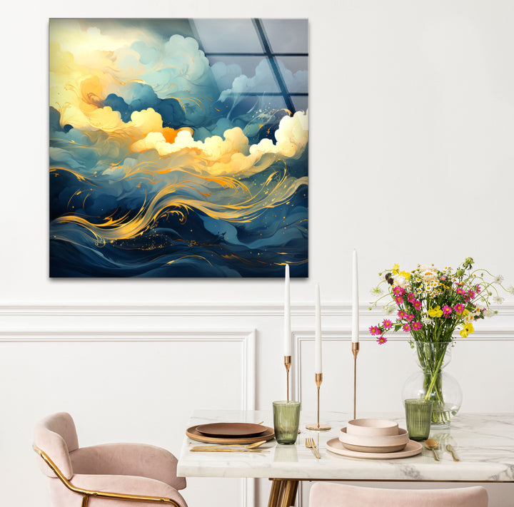Goldener Himmel &amp; Meereswellen Wandkunst – Abstrakter Glasdruck von Dreamy Horizon 