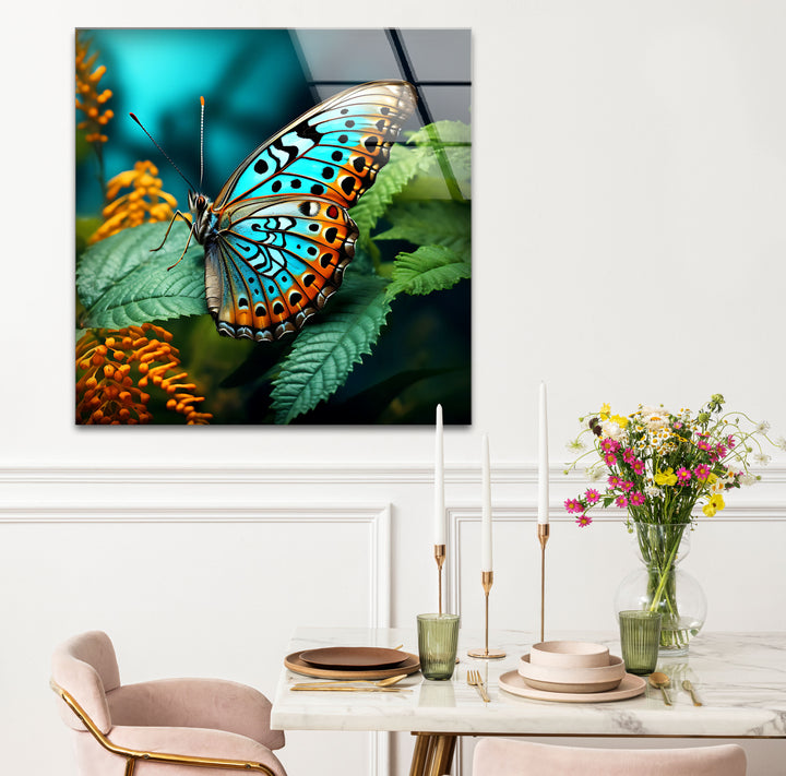Blue Monarch Glaswandkunst – Lebendiger Schmetterling auf Blattdruck 