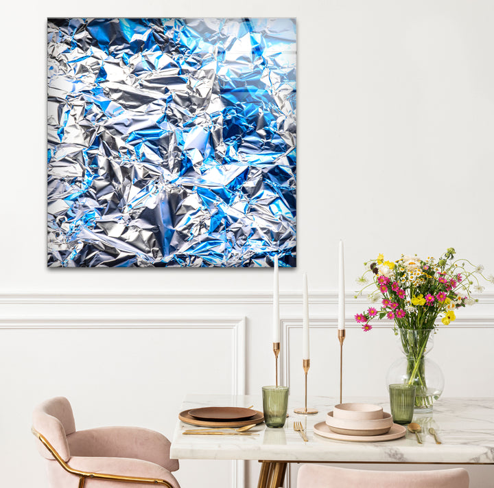 Crinkled Silver Foil Wall Art – Abstract Metallic Texture Glass Print