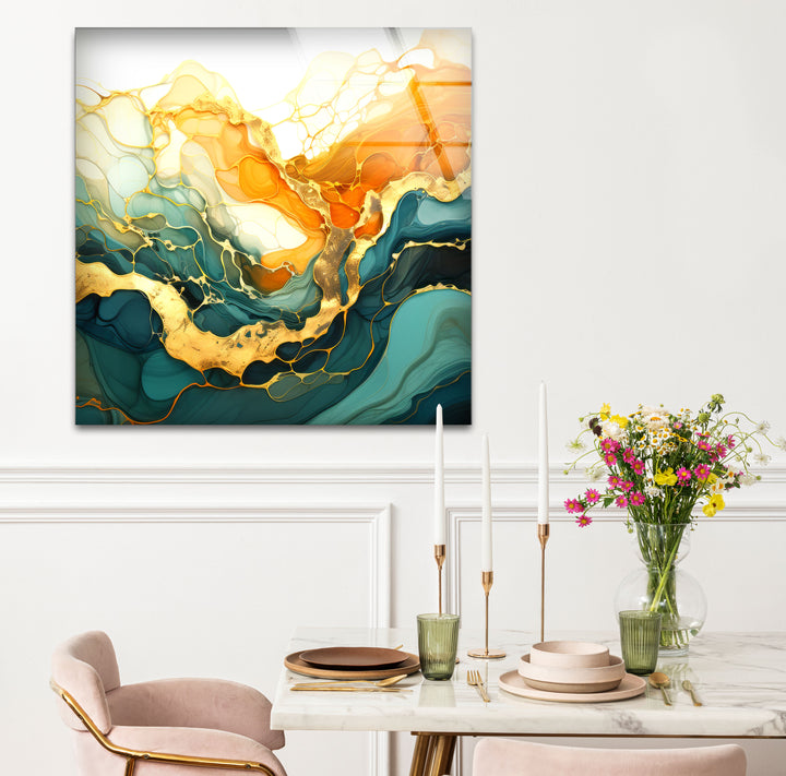 Golden Horizon Abstract Wall Art – Emerald & Gold Tempered Glass Print