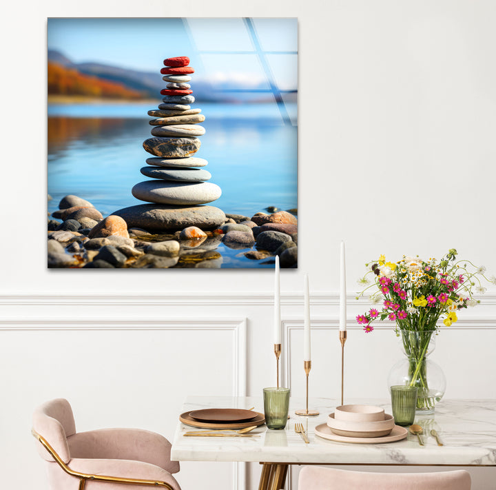 Stacked Stones Glass Wall Art – Tranquil Lake Balance Scene