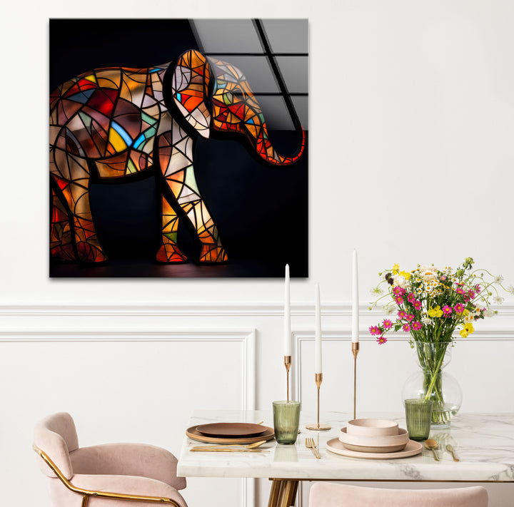 Stained Glass Elephant Wall Art – Colorful Animal Glass Print for Modern Decor