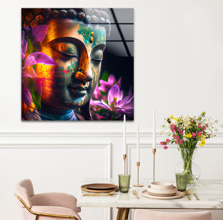 Colorful Buddha Wall Art – Floral Enlightenment Glass Print