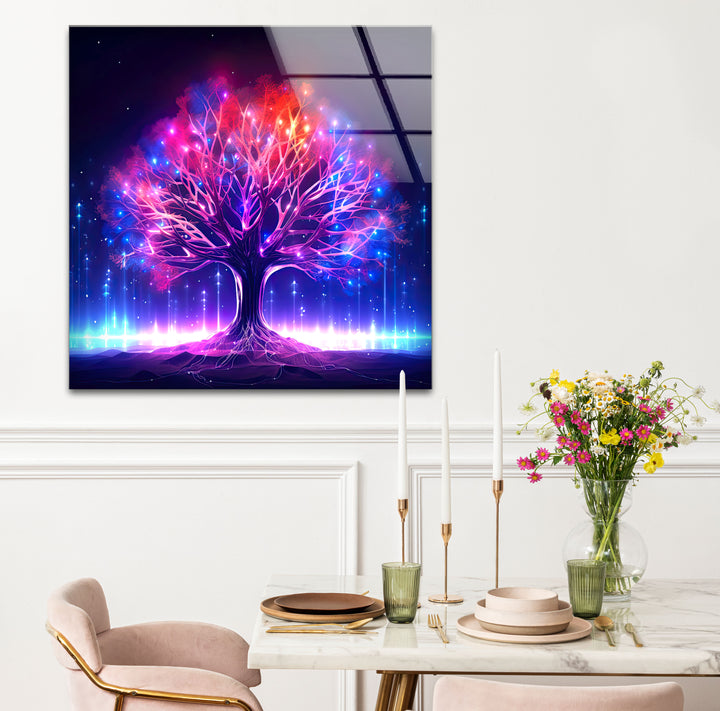 Leuchtende Fantasy-Baum-Wandkunst – Abstraktes Glasdruckdesign mit Neonlicht