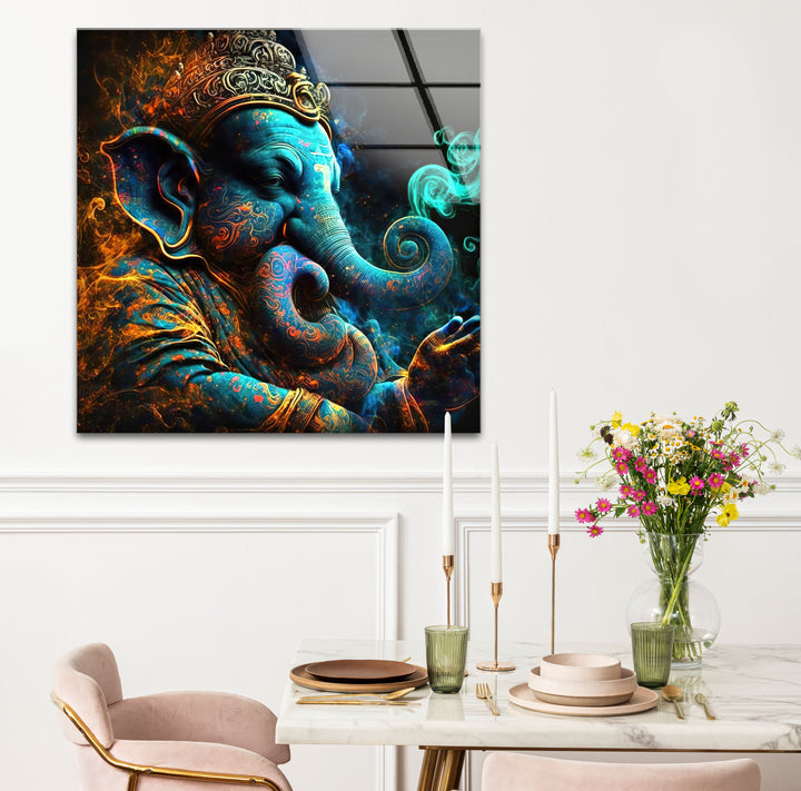Spiritual Ganesha Wall Art – Vibrant Hindu Deity Glass Print Decor