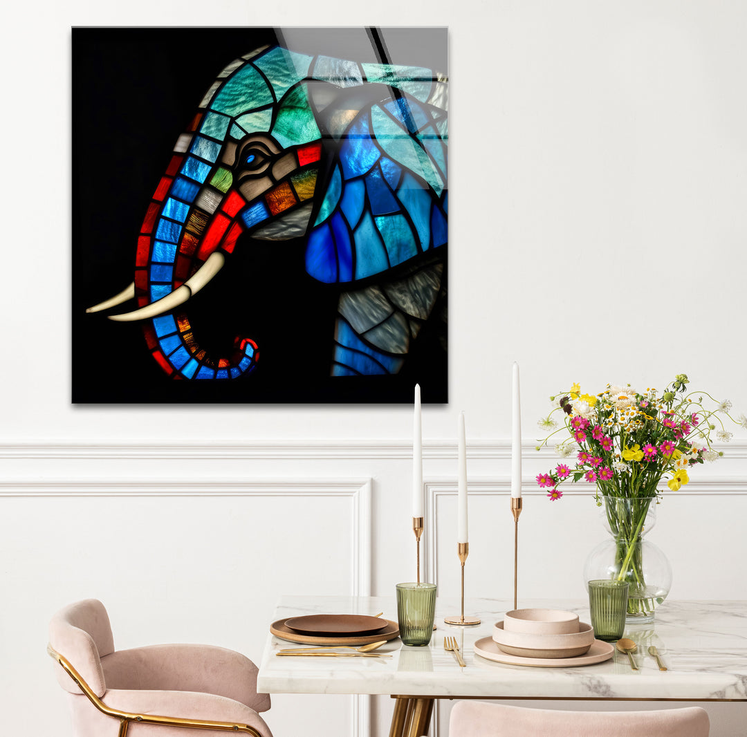 Blaue Elefanten-Wandkunst aus Buntglas – Farbenfrohes Tier-Glasdruck-Design