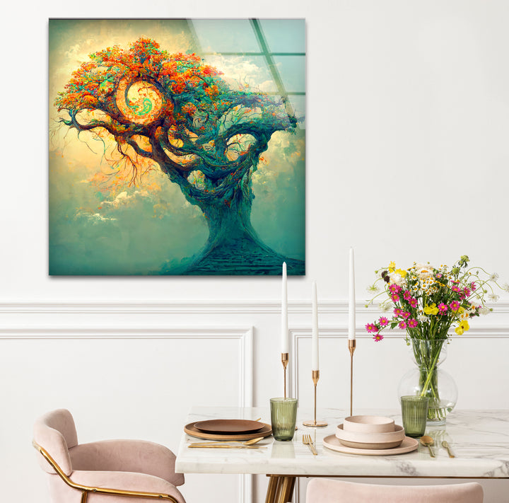 Spiralbaum-Wandkunst – Mystisches Fantasy-Lebensbaum-Glasdruck-Design