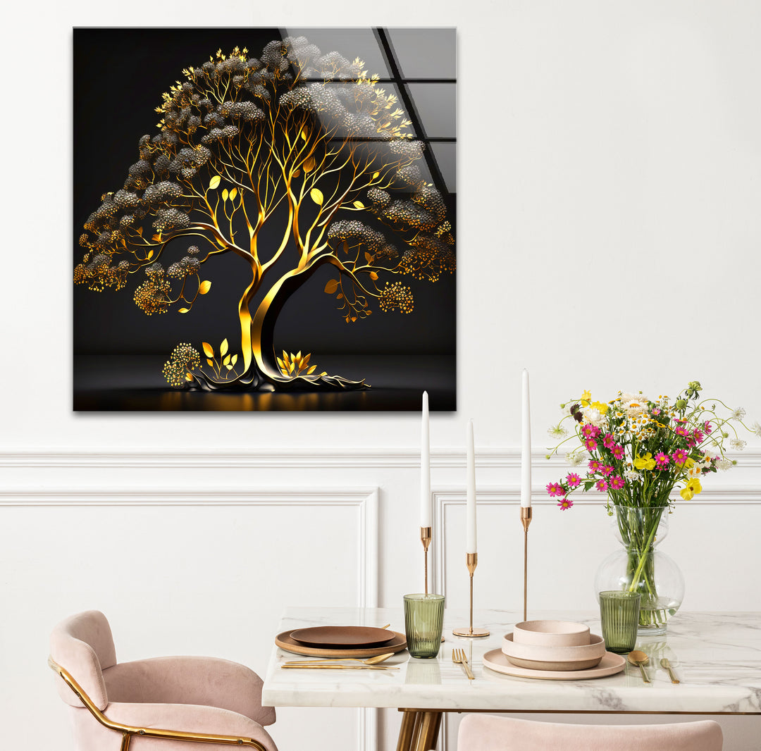 Golden Tree Wandkunst – Luxuriöses Gold- und Schwarz-Natur-Glasdruckdesign