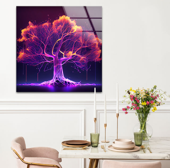 Neon Digital Tree Wandkunst – Futuristischer leuchtender Lichtnetzwerk-Glasdruck