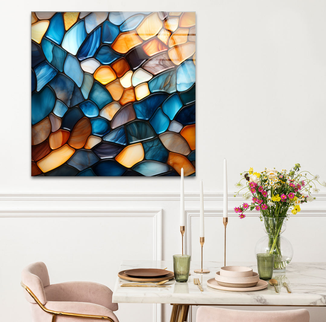 Wandbild mit Buntglasmuster – Abstrakter blauer und bernsteinfarbener Glasdruck 