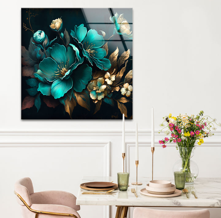 Blaugrüne und goldene florale Wandkunst – Luxuriöses botanisches Glasdruckdesign