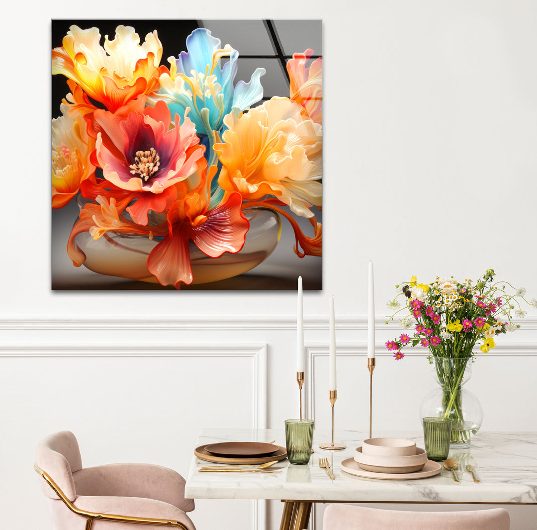 Color Bloom Glaswandkunst – Lebendiger floraler abstrakter Druck 