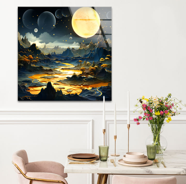 Fantasy Moonlit Landscape Wall Art – Surreal Glass Print with Golden River