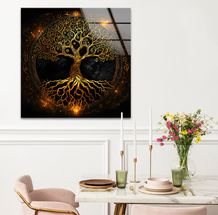 Wandkunst „Baum des Lebens“ – Leuchtendes goldenes Design mit Wurzeln und Zweigen auf Glas