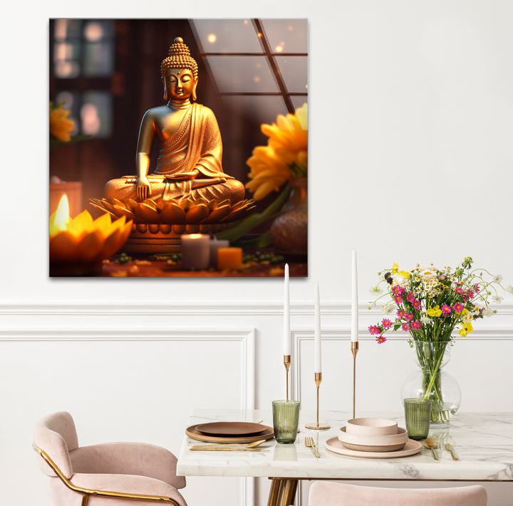 Golden Buddha Serenity Wall Art – Peaceful Candlelit Meditation Glass Print