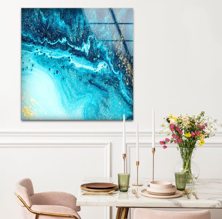 Blue and Gold Abstract Wall Art – Ocean-Inspired Glass Print Design