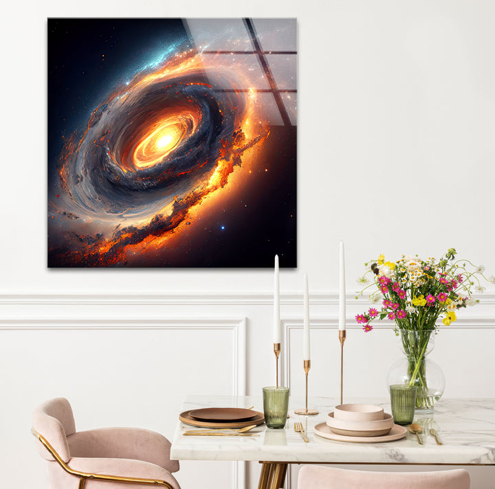 Feurige Galaxie-Spiralwandkunst – Glasdruck mit Weltraumnebel 