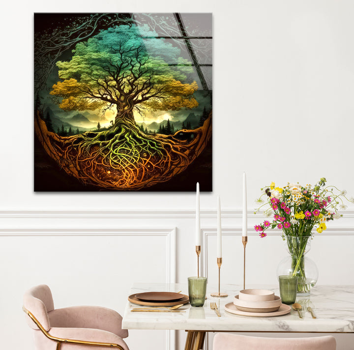 Wandkunst „Baum des Lebens“ – Lebendige Wurzeln und Waldenergie-Glasdruckdesign