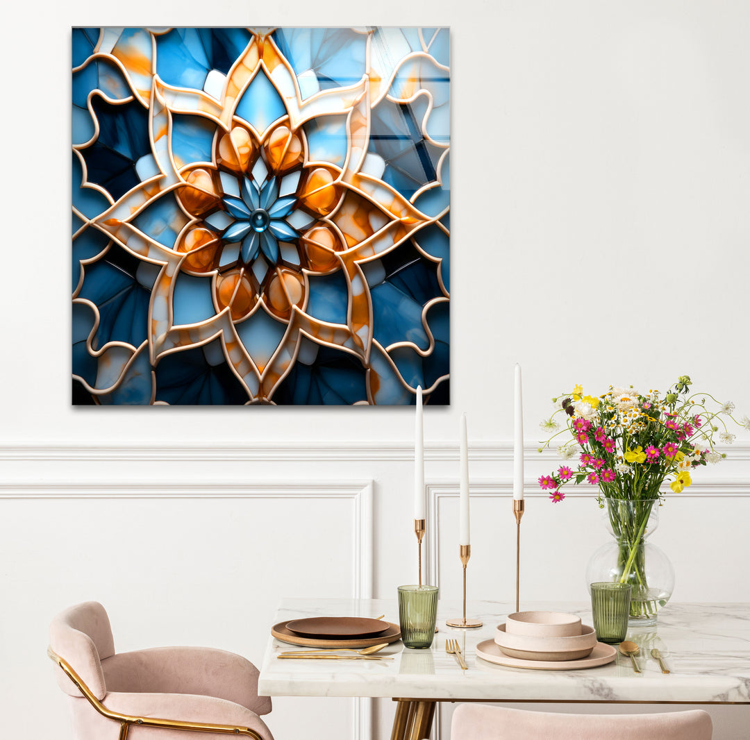 Blue & Amber Geometric Wall Art – Islamic Mandala Glass Print for Modern Interiors