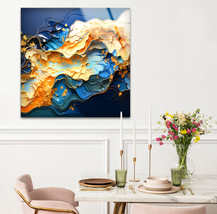 Blue Gold Abstract Wave Wall Art – Modern Fluid Glass Print for Interior Elegance