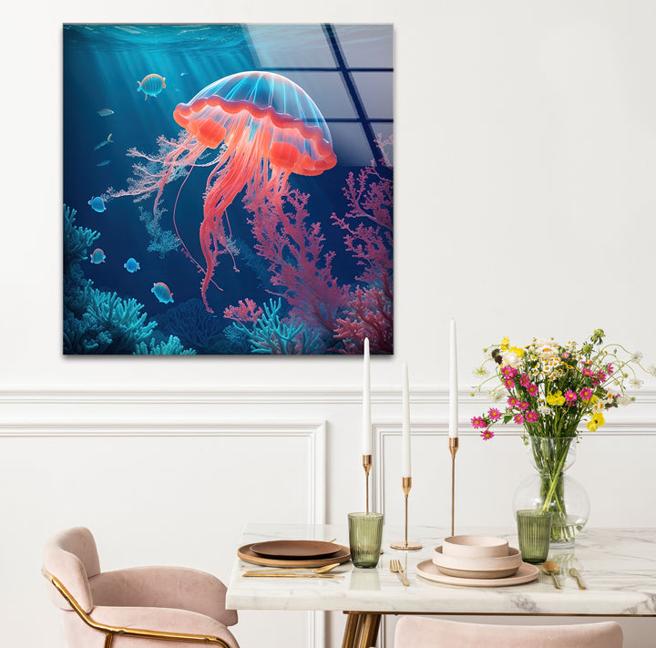 Neon Quallen Wandkunst – Unterwasser Ozean Szene Glas Druck Dekor