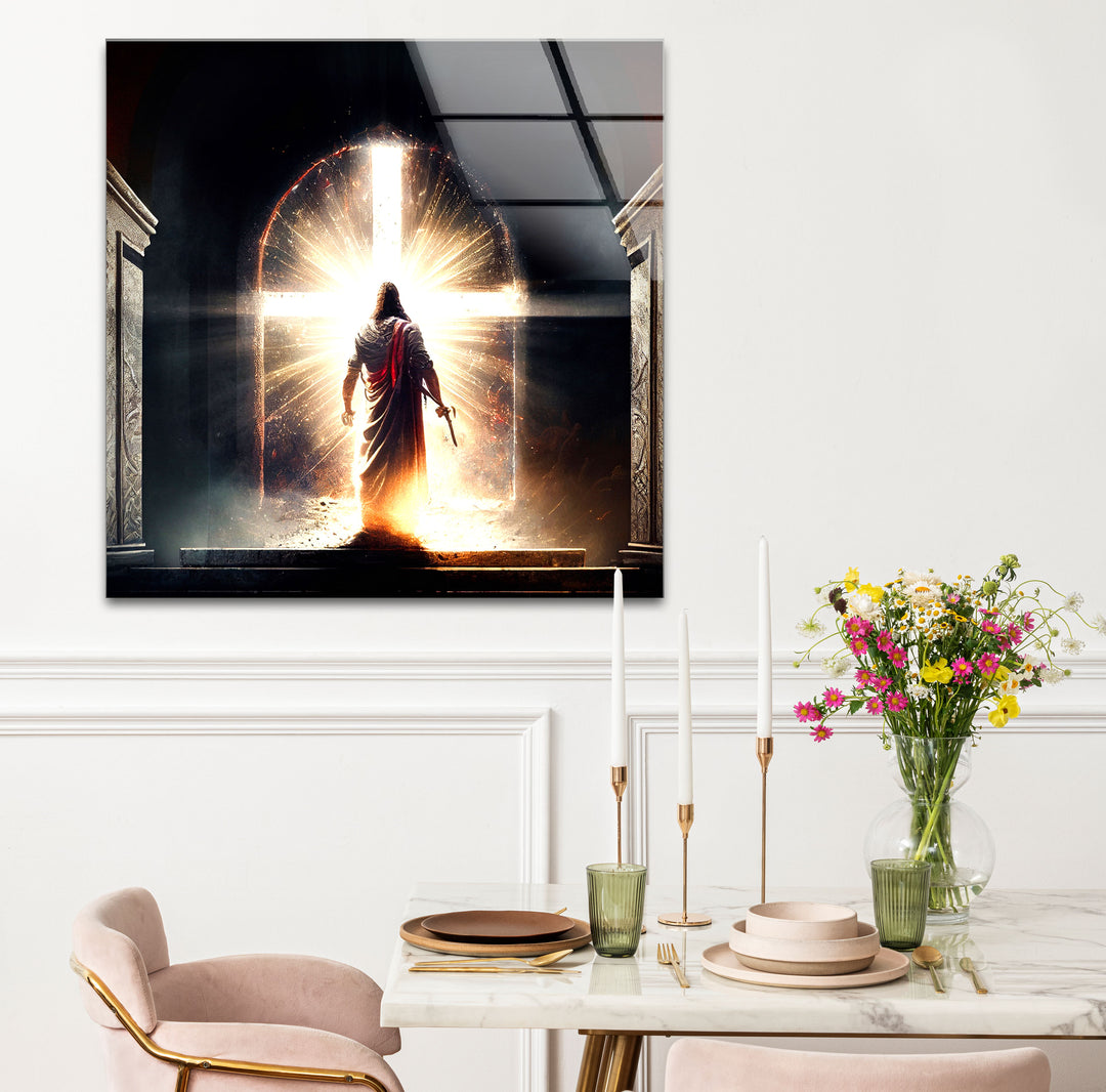 Jesus steht vor dem strahlenden Kreuz – Christlicher Wandbild-Glasdruck