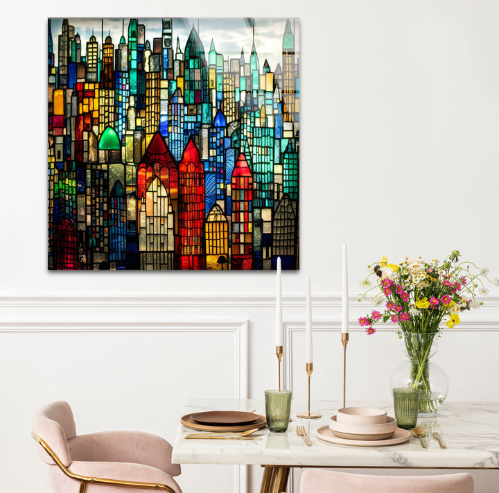 Stained Glass Cityscape Wall Art – Colorful Urban Skyline Glass Print