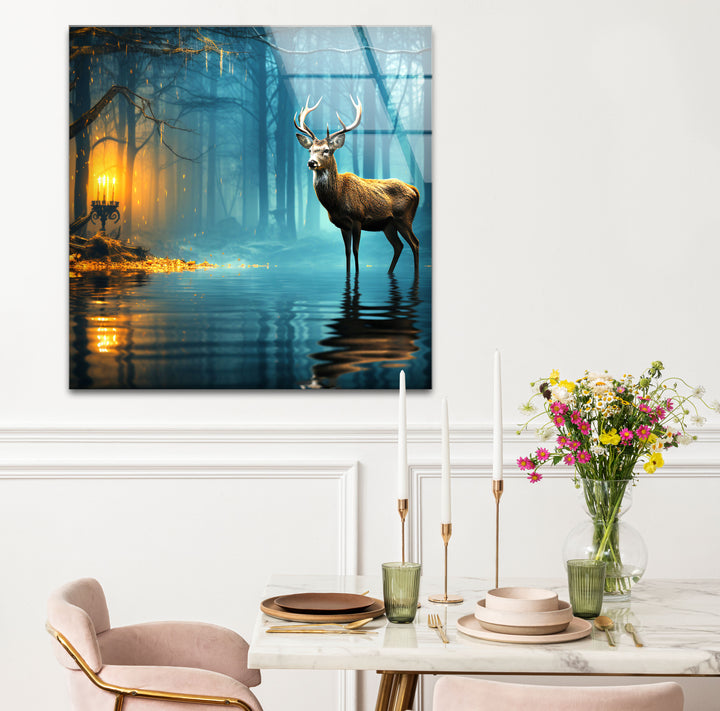Mystische Wald Hirsch Wandkunst – Verzauberte Natur Glasdruck Dekor
