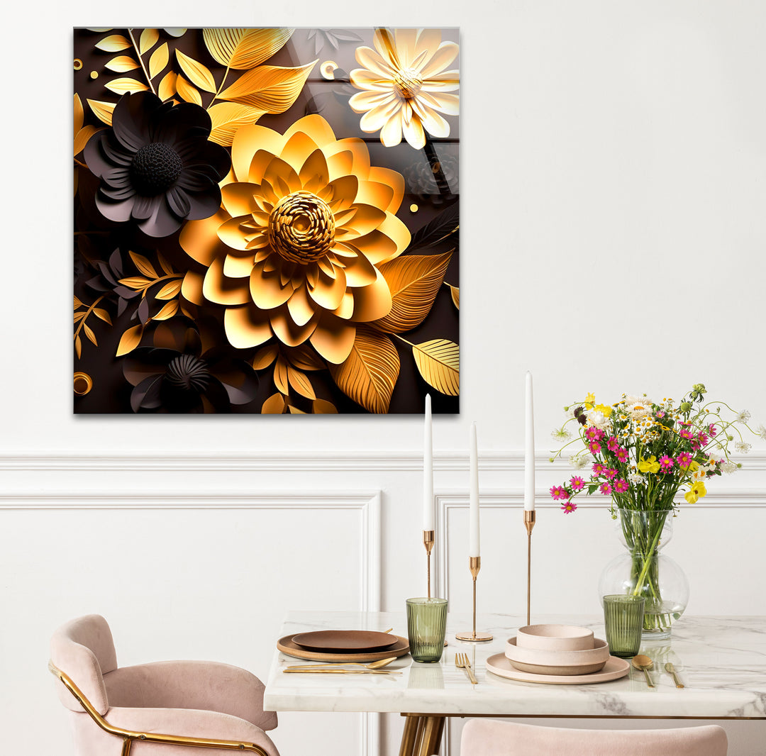 Golden Bloom Florale Wandkunst – Dekor aus gehärtetem Glas in Schwarz und Gold