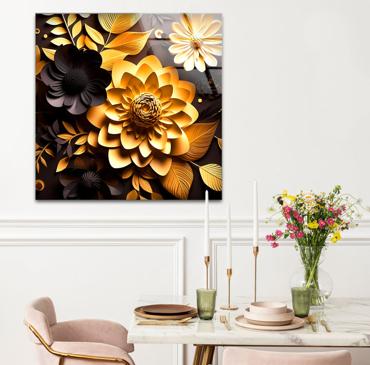 Golden Bloom Florale Wandkunst – Dekor aus gehärtetem Glas in Schwarz und Gold