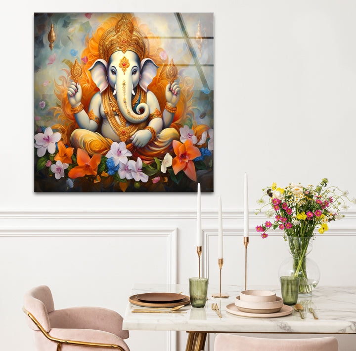 Sacred Ganesha Wall Art – Divine Floral Hindu Decor Glass Print