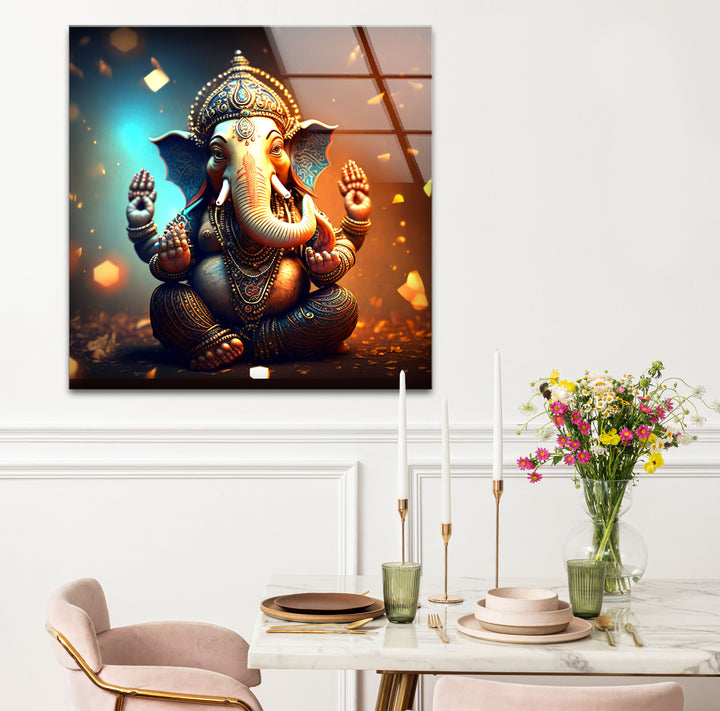 Golden Lord Ganesha Wall Art – Spiritual Glass Print for Sacred Decor