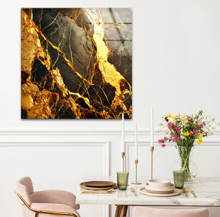 Gold Marble Abstract Wall Art – Luxury Black and Gold Glass Print Design