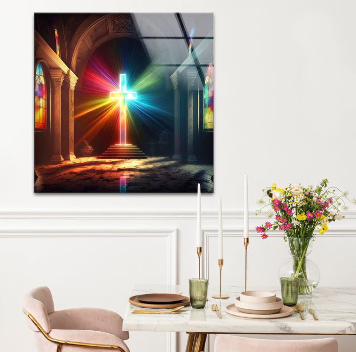 Radiant Cross Wall Art – Colorful Light Burst Christian Glass Print