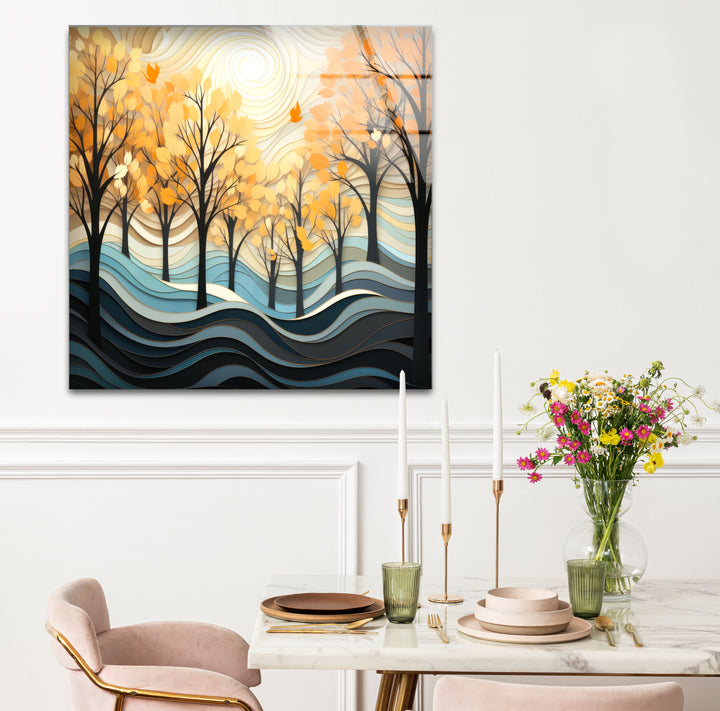 Golden Forest Glass Wall Art – Autumn Trees Abstract Landscape Decor