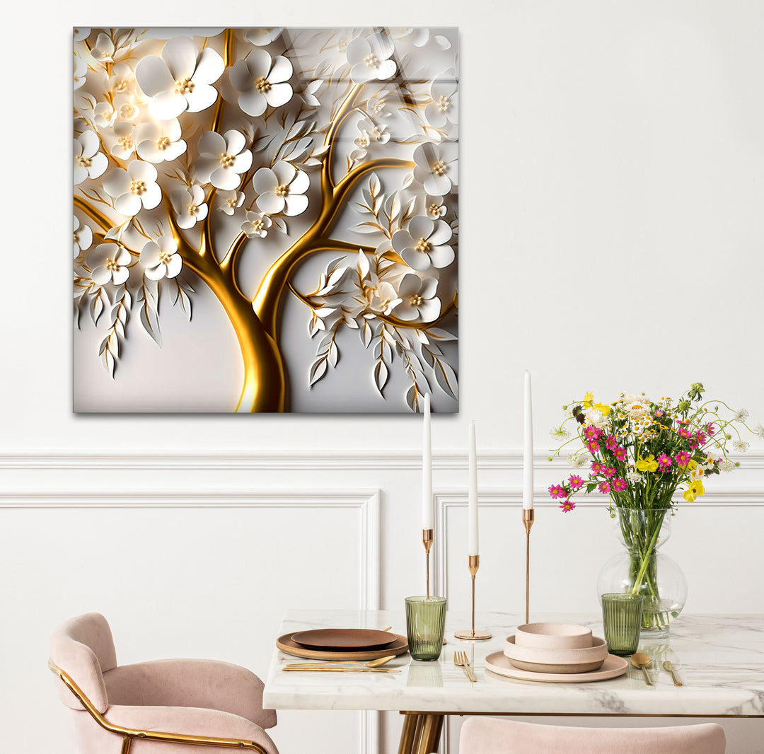 Golden Blossom Tree Wandkunst – Weißes Blumenglaskunstwerk für elegantes Dekor