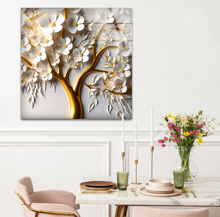 Golden Blossom Tree Wandkunst – Weißes Blumenglaskunstwerk für elegantes Dekor