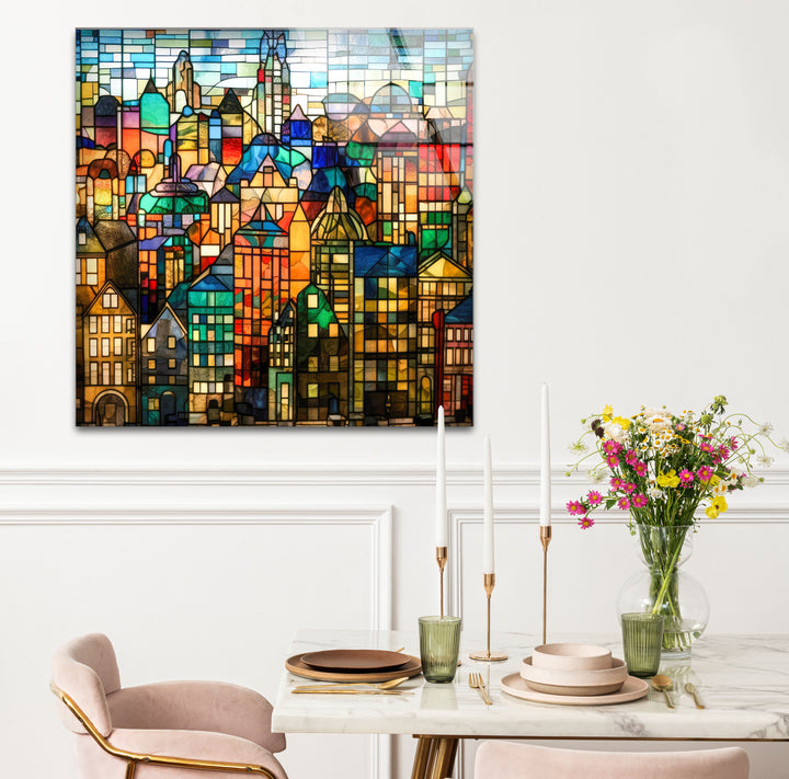 Bunte Stadtwandkunst aus Buntglas – Urban Skyline Glasdruck-Design