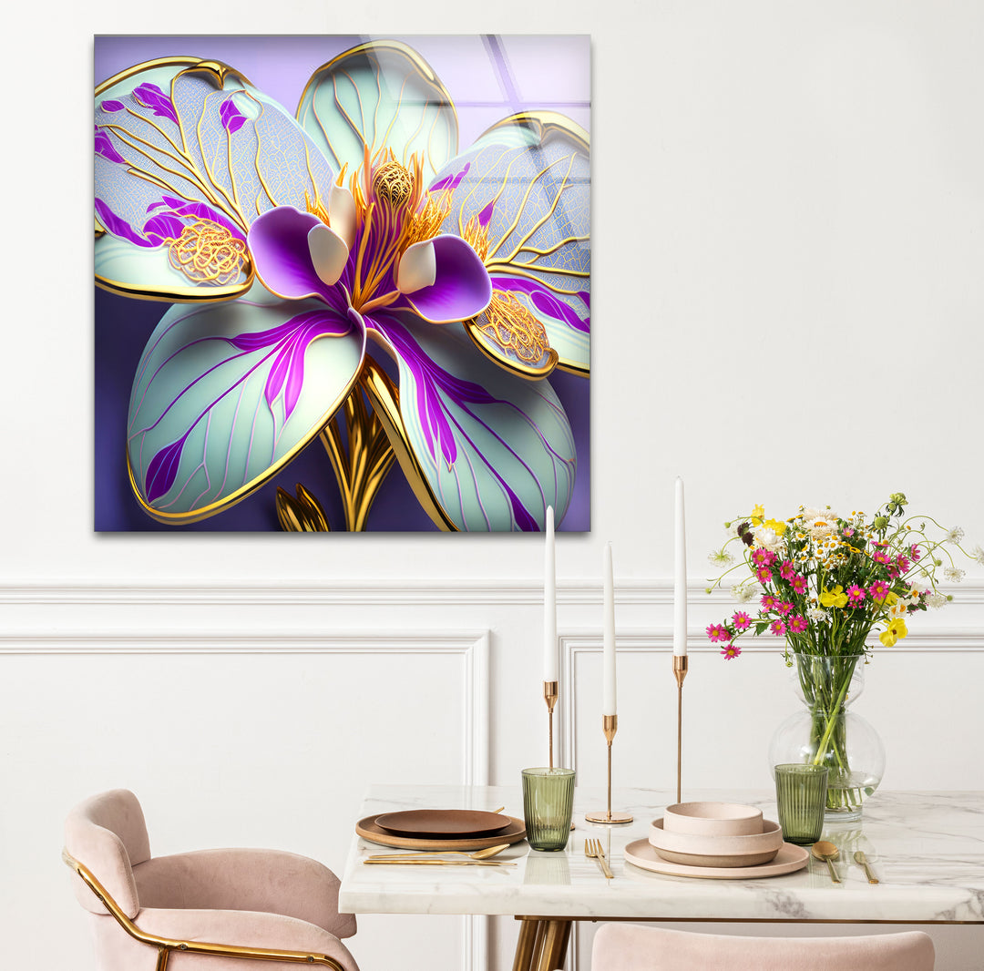 Luxuriöse Wandkunst mit Orchideenblüte – Lila- und Goldblumen-Glasdruck
