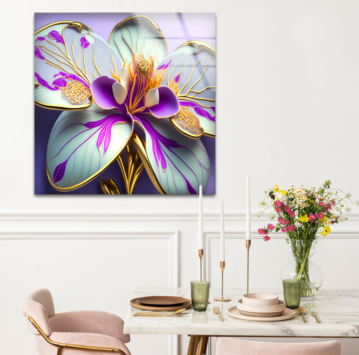 Luxuriöse Wandkunst mit Orchideenblüte – Lila- und Goldblumen-Glasdruck