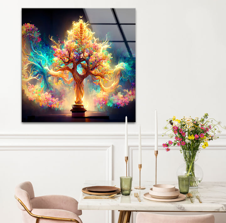 Fantasy-Baum des Lebens Wandkunst – Strahlendes, magisch leuchtendes Glasdruck-Design