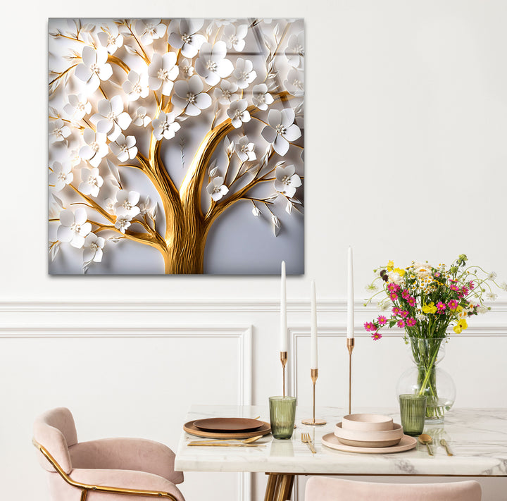 Golden Blooming Tree Wandkunst – Weißer Blumenglasdruck für elegantes Dekor