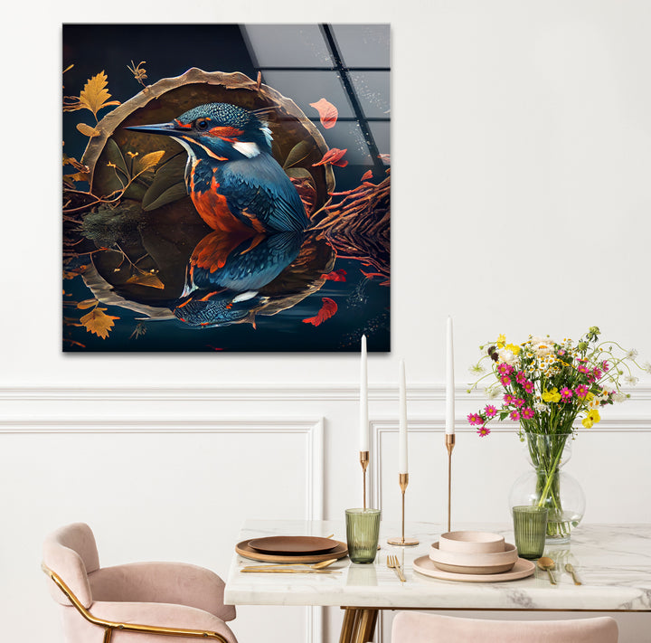 Eisvogel-Reflexion Wandkunst – Herbstwaldvogel-Glasdruck-Design