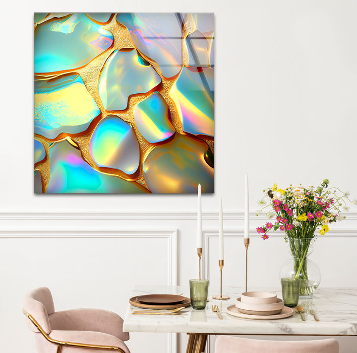Iridescent Abstract Wall Art – Gold and Rainbow Glass Print Design