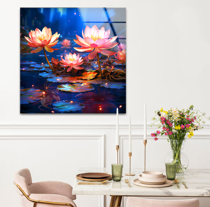 Enchanted Lotus Bloom Wall Art – Tranquil Water Lily Glass Print