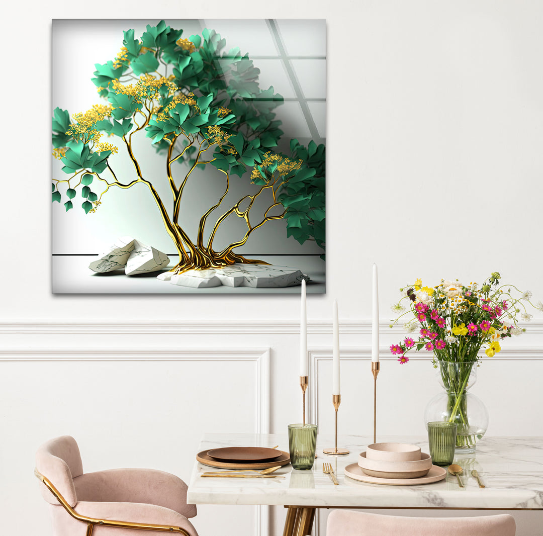 Elegante grüne Baum-Wandkunst – Goldener botanischer Glasdruck mit Marmorsockel