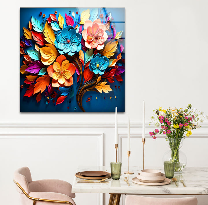 Lebendige florale Explosions-Wandkunst – Buntes Blumendesign aus gehärtetem Glas
