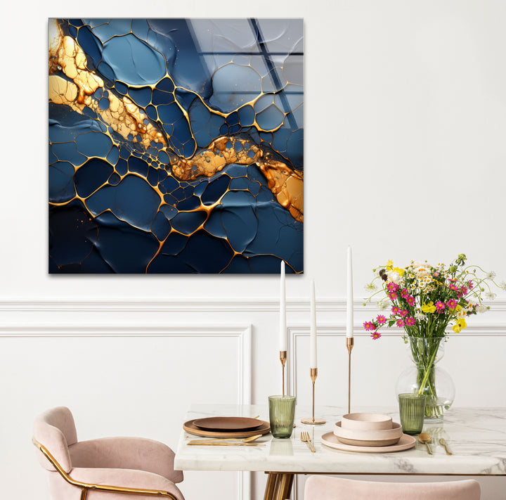 Dark Blue and Gold Abstract Wall Art – Cracked Fluid Glass Print Design